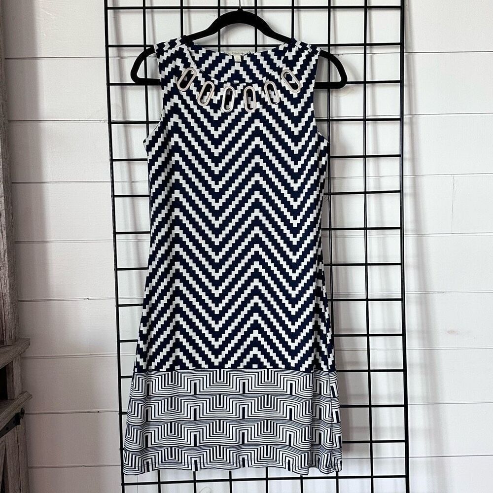 Haani Dress Womens Small Petite Blue White‎ Geometric Business Casual Wedding